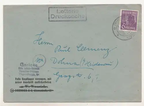 Lotterie Drucksache 1948 Brief Gericke Lotterie Einnahme Dresden Bühlau !  (B8