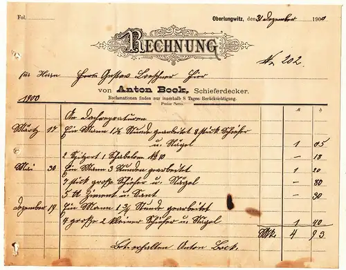 Rechnung Anton Bock Schieferdecker Oberlungwitz 1900  (D5