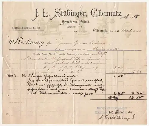 Litho Rechnung J.L.Stübner Armaturen Fabrik Chemnitz  1901 (D5