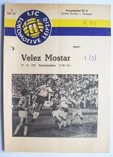Programmheft Europapokal 1.FC Lokomotive Leipzig - Velez Mostar 1981/82 !