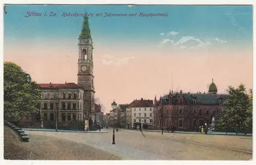 Ak Zittau i. Sa. Haberkornplatz mit Johanneum & Hauptpostamt 1916 ! (A2659
