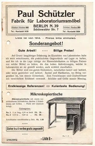 Preisliste Paul Schützler Fabrik für Laboratoriummöbel Labor Mobeliar Berlin (D5