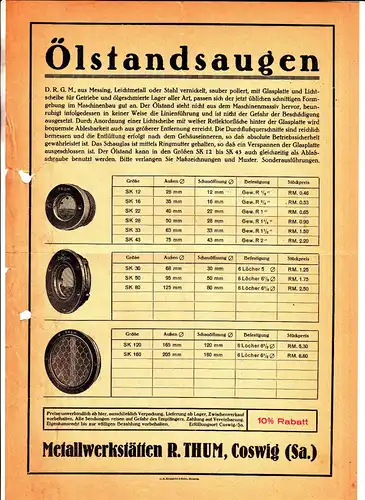 Reklame Blatt Ölstandsaugen Metallwerkstätten R. Thum Coswig ( Sa. )um 1930 (D5
