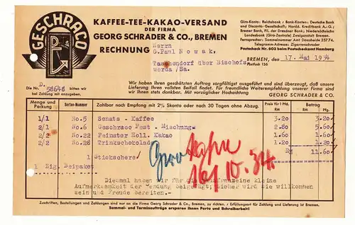 Rechnung Kaffee Tee Kakao Versand Georg Schrader & Co Bremen 1934 ! (D5