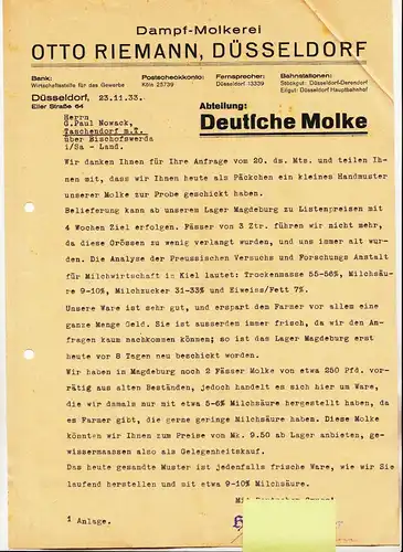 Dokument Dampf Molkerei Otto Riemann Düsseldorf 1933 !  (D5