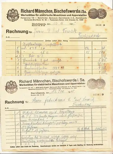 2 x Rechnung Richard Männchen Bischofswerda Maschinen Apparatebau 1925  (D5