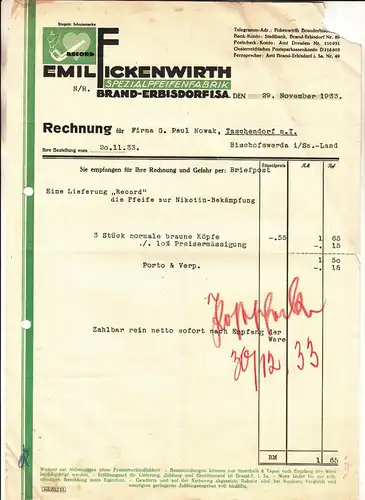 Rechnung Emil Fickenwirth Pfeifenfabrik Brand Erbisdorf 1933 !  (D5