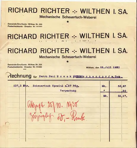 3 x Rechnung Richard Richter Wilthen Scheuertuch Weberei 1930 ! (D5