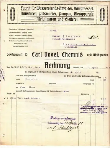 Rechnung Dampfkessel Armaturen Bierapparate Gießerei Carl Vogel Chemnitz 1912(D4