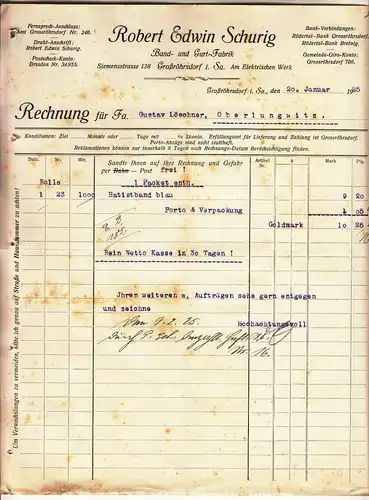 Rechnung Robert Edwin Schurig Band - & Gurtfabrik Großröhrsdorf 1925 (D4