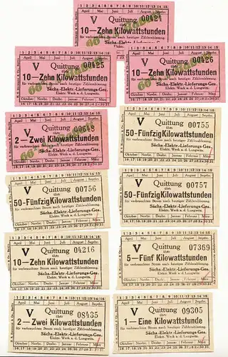 Lot Quittungen 2 & 10 Kilowattstunden Strom Elektr. Werk Lungwitz um 1925 ! (D4