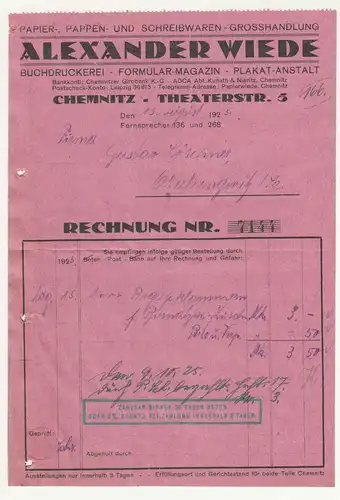 Rechnung Alexander Wiede Buchdruckerei Plakat Anstalt Chemnitz 1925 ! (D4