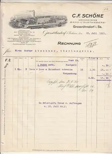 Litho Rechnung C.F.Schöne Band - & Gurtweberei Großröhrsdorf 1925 ! (D4