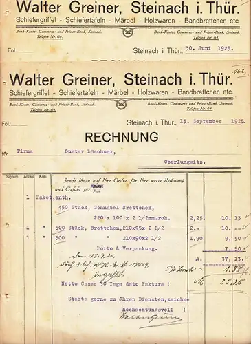 2 x Rechnung Walter Greiner Steinach Thür. Schiefertafeln Holzwaren 1925 ! (D4