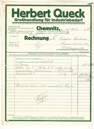 Rechnung Herbert Queck Industriebedarf Chemnitz 1925 ! (D4