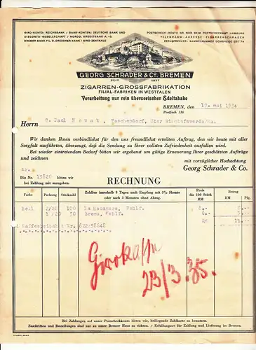 Litho Rechnung Georg Schrader & Co Bremen Zigarren Fabrik 1934 ! (D4