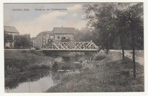 Ak Haynau in Schlesien Partie an der Deichsabrücke um 1910 Chojnów !(A2315