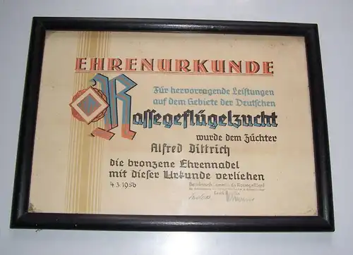 Ehren Urkunde Rassegeflügelzucht Bezirk Dresden 1956 Bilderrahmen !