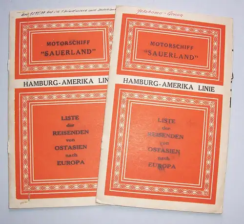 2 x HAPAG Motorschiff Sauerland Reisende Liste + Schiffsplan 1934 Asien Europa !