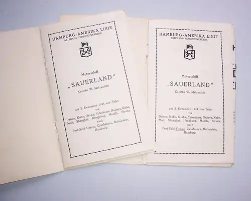 2 x HAPAG Motorschiff Sauerland Reisende Liste + Schiffsplan 1934 Asien Europa !