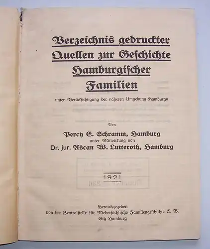 Verzeichnis gedruckter Quellen z. Geschichte Hamburgischer Familien 1921 Hamburg