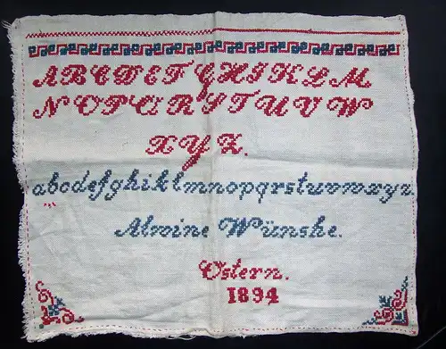 Uraltes ABC Tuch Ostern 1894 Stickerei Sticktuch * vintage deko shabby landhaus 