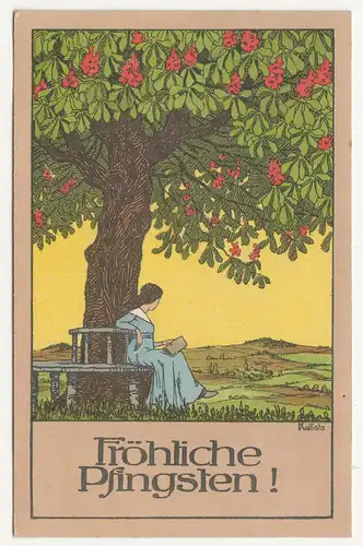 Künstler Ak Dame lesend unterm Baum Kallista signiert Fröhliche Pfingsten 1913 !
