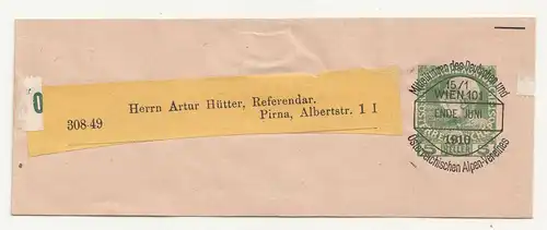 Österreich Ganzsache Streifband 1910 Wien nach Pirna Alpenverein ! (B7