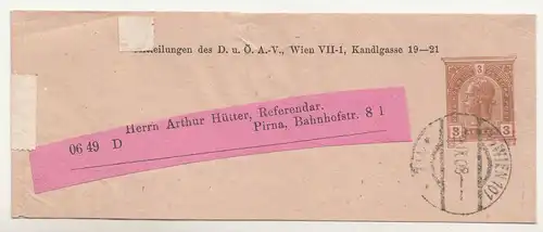 Österreich Ganzsache Streifband 1908 Wien VII-1 nach Pirna Sachsen DR ! (B7