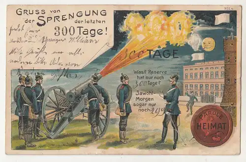 Litho Ak Reserve Gruss von der Sprengung der letzten 300 Tage Mond Soldaten !