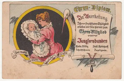 Scherz Ak Ehren Diplom Jungfernbund Baby Geburt Storch um 1910/20 ! (A2141