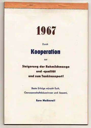 Kalender 1967 Steigerung Rohmilchmenge Genossenschafts Bauer Molkerei ! (H2