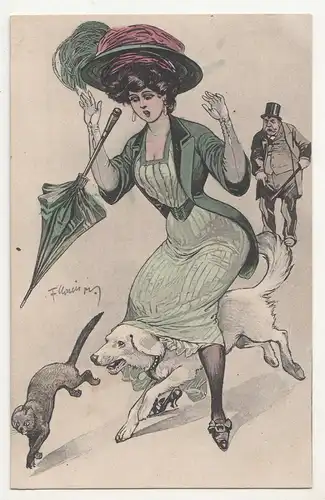 Künstler Ak Hund läuft erotische Dame unterm Rock vintage Erotik um 1910 !
