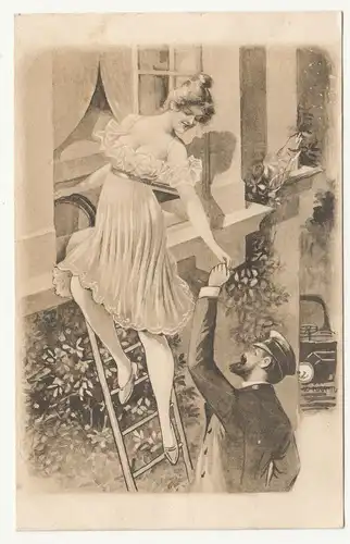 Künstler Ak Chauffeur hilft erotischer Dame Erotik um 1910 !