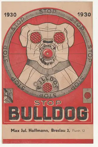 Prospekt Stop Bulldog Fahrrad Rücklichter Reflektoren Hoffmann Breslau 1930 (D2