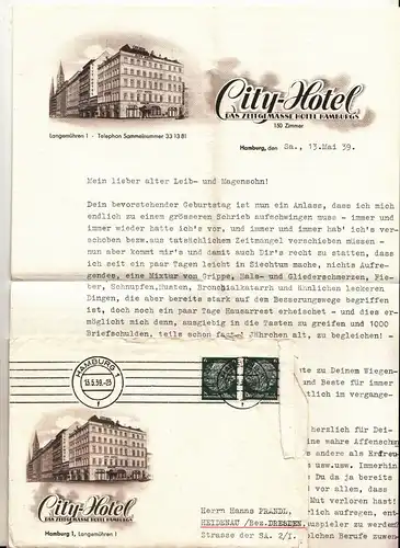 2 x Litho Briefkopf + Kuvert City Hotel Hamburg Langemühren 1939 ! (D2
