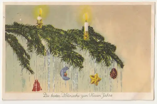 Ak geschmückter Tannenzweig Kerzenschein beste Wünsche für Neujahr 1953 ! (A2094