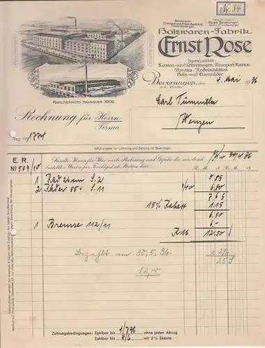 Litho Rechnung Ernst Rose Holzwaren - Fabrik Beverungen 1936 ! (D2