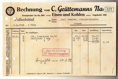 Rechnung C. Grüttemanns Nachfolger Eisen & Kohlen Wolfenbüttel 1939 ! (D2