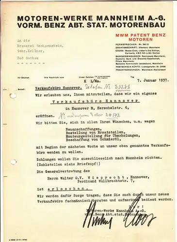 Dokument Motoren Werke Mannheim AG Benz Stat. Motorenbau 1937 ! (D2