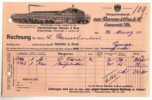 Litho Rechnung Margarine Fabrik van Rossum & Co.m.b.H. Emmerich a.Rh. 1914 (D2
