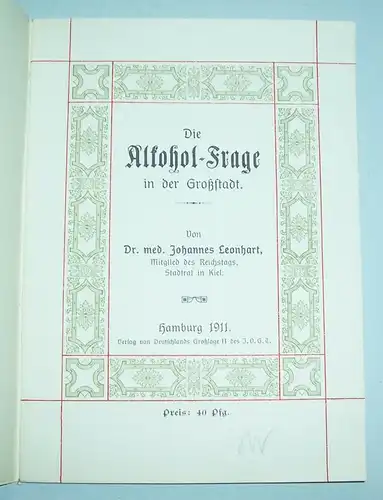 Alkoholfrage in der Großstadt 1911 Alkoholiker Literatur 2 Hefte