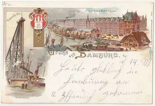 Litho Ak Gruss aus Hamburg Sandtborquai Riesenkrahn 1901 A1818