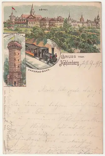 Litho Ak Gruss vom Kahlenberg Wien Zahnrad-Bahn Hitel Aussichtsturm 1895 !(A1646