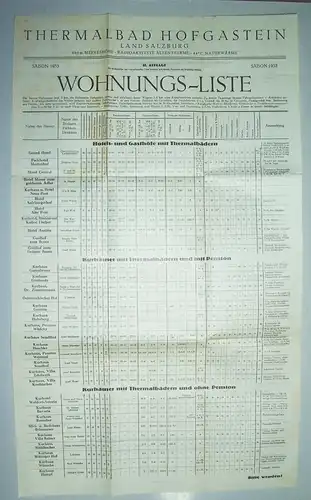 Faltblatt Wohnungsliste Thermalbad Hofgasten Österreich um 1930