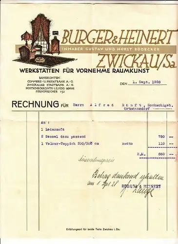 Litho Rechnung Burger & Heinert Raumkunst Innenarchitekt Zwickau 1928 ! (D
