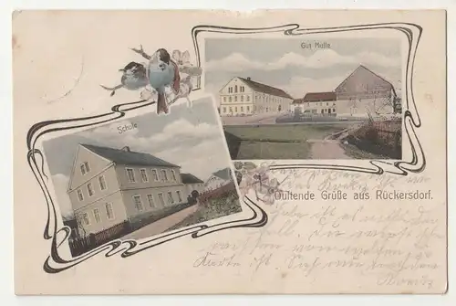 Litho Ak Duftende Grüße aus Rückersdorf Gut Mulle Schule Doberlug Kirchhain 1910