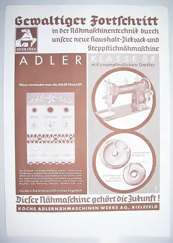 Werbeblatt Adler Nähmaschinen Koch Bielefeld 1939 ! (D