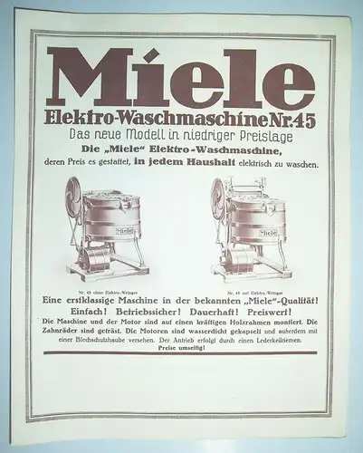 Werbeblatt Miele Elektro - Waschmaschine Nr. 45 Gütersloh 1930 ! (D