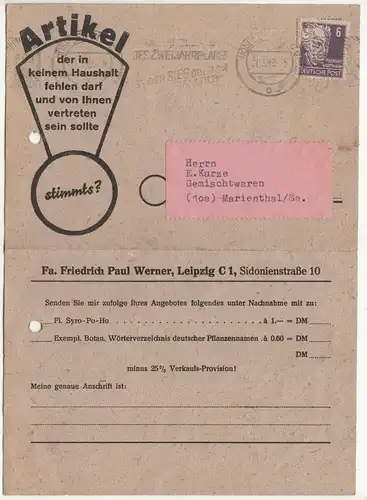 Werbe Drucksache Fa. Friedrich Paul Werner Leipzig Gesundheitsmittel 1949 Kopf !